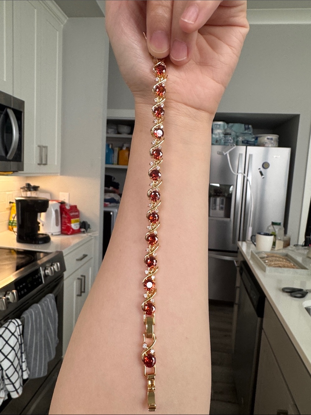 Fanta Red CZ Tennis Bracelet with Extension – Gold Tone